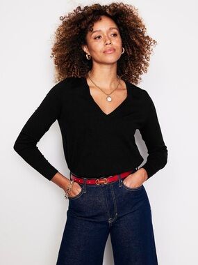 Boden Black V-Neck Catriona Cotton Sweater, Size Large